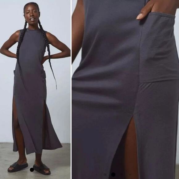 Lunya Cool Maxi Dress Meditative Grey Sleeveless Slit Pockets XS NWOT Designer - Picture 10 of 10